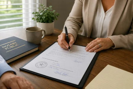 Mobile notary signing documents at a client's location in Texas