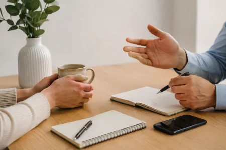 Notary public discussing documents with a client before signing