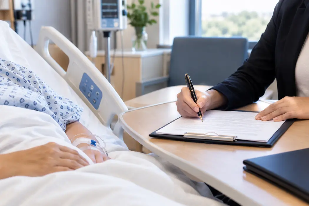 Mobile notary notarizing a medical power of attorney at a hospital bedside in DFW