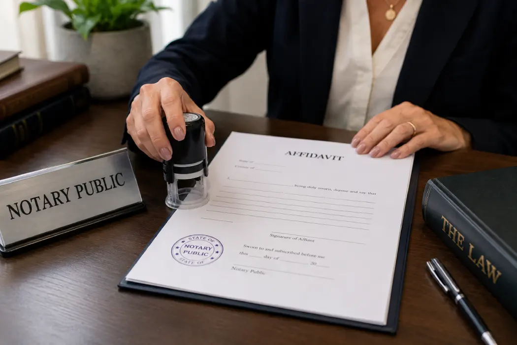 Mobile notary public signing an affidavit for a Texas client